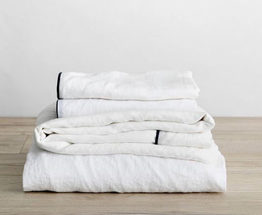 Cultiver Piped Linen Sheet Set with Pillowcases - White and Navy