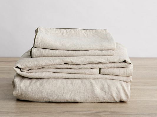 Cultiver Piped Linen Sheet Set with Pillowcases - Natural and Forest