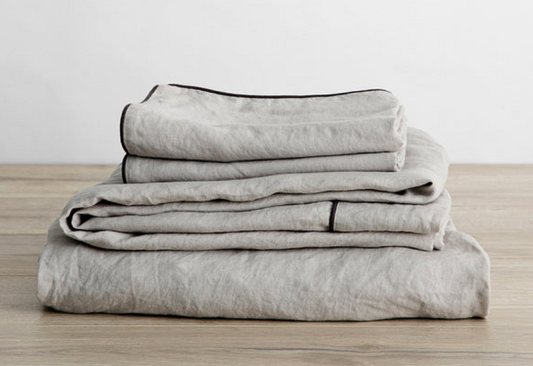 Cultiver Piped Linen Sheet Set with Pillowcases - Smoke Grey and Slate